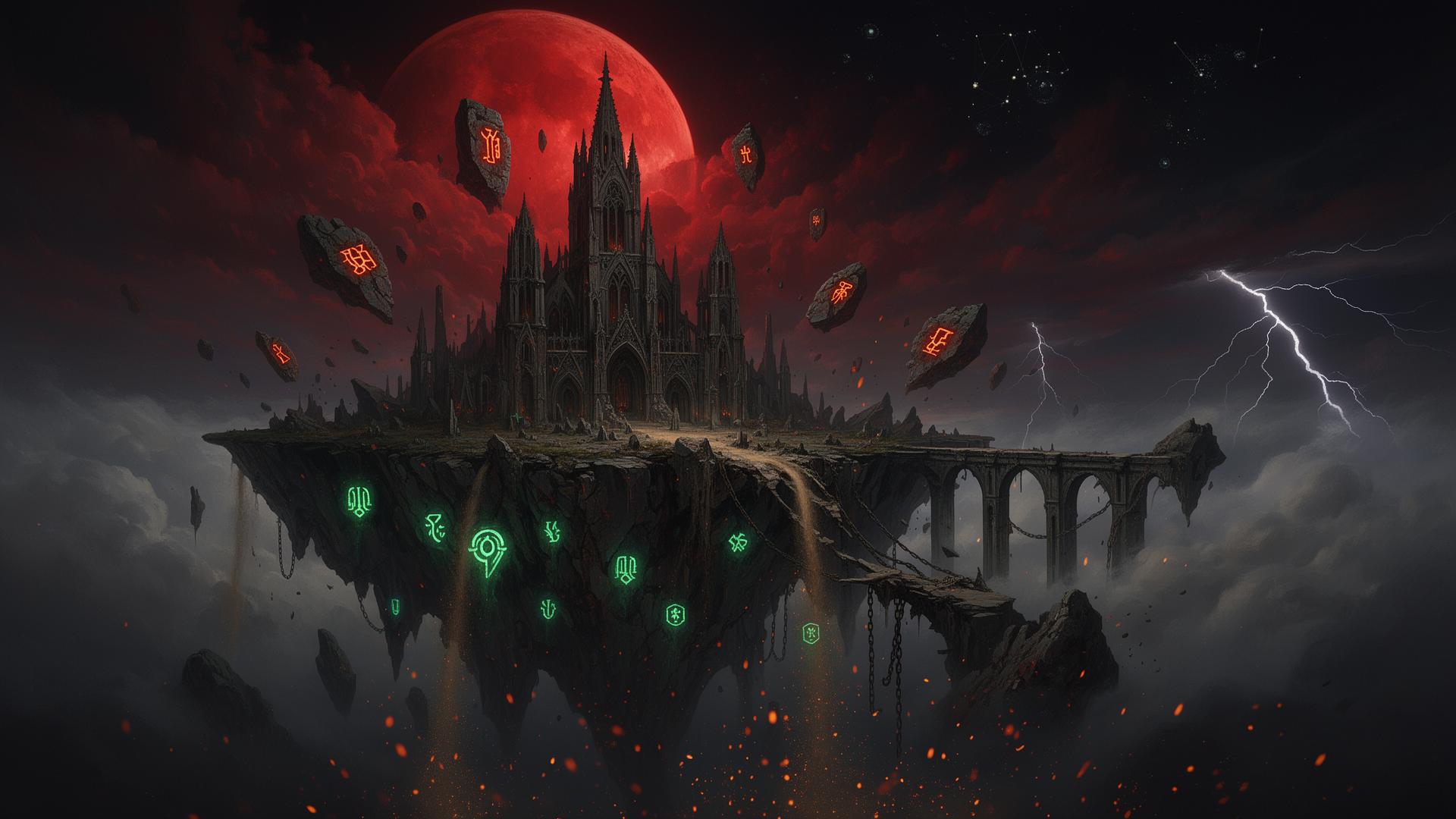 The Broken Isle of Aethermoor floating beneath a blood-red moon